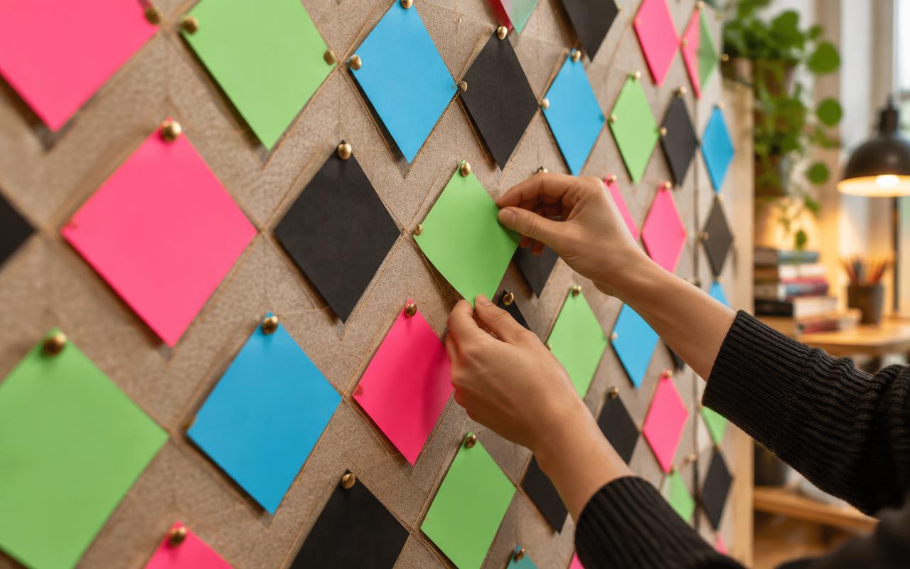 A content planning wall with cards arranged in a diamond lattice